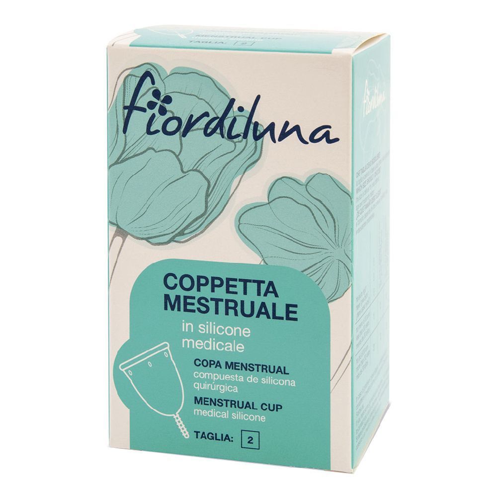 Confezione Fiordiluna Coppetta Mestruale, Taglia 2. Blu e bianco, con nome del prodotto e illustrazione.