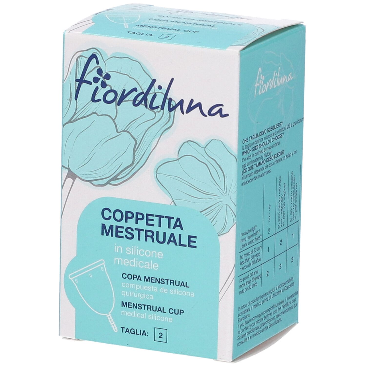 Confezione Fiordiluna Coppetta Mestruale, Taglia 2. Tabella delle taglie sul lato.
