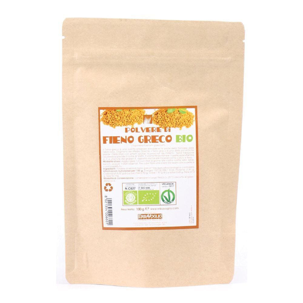 Busta con scritta 'Fieno Greco Bio'. Confezione marrone con etichetta e loghi verdi.