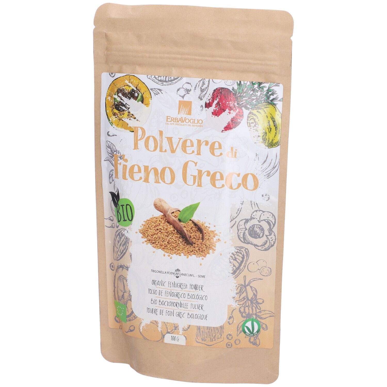 Busta con 'Polvere di Fieno Greco'. Illustrazioni di frutta ed erbe. Sigillo bio.