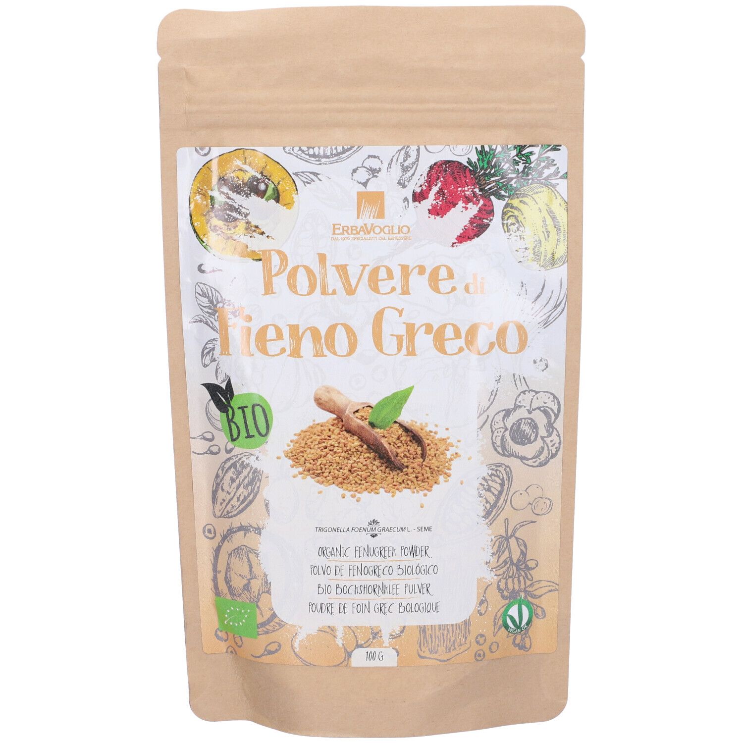 Busta con 'Polvere di Fieno Greco'. Illustrazioni di erbe e cucchiaio. Sigillo bio.