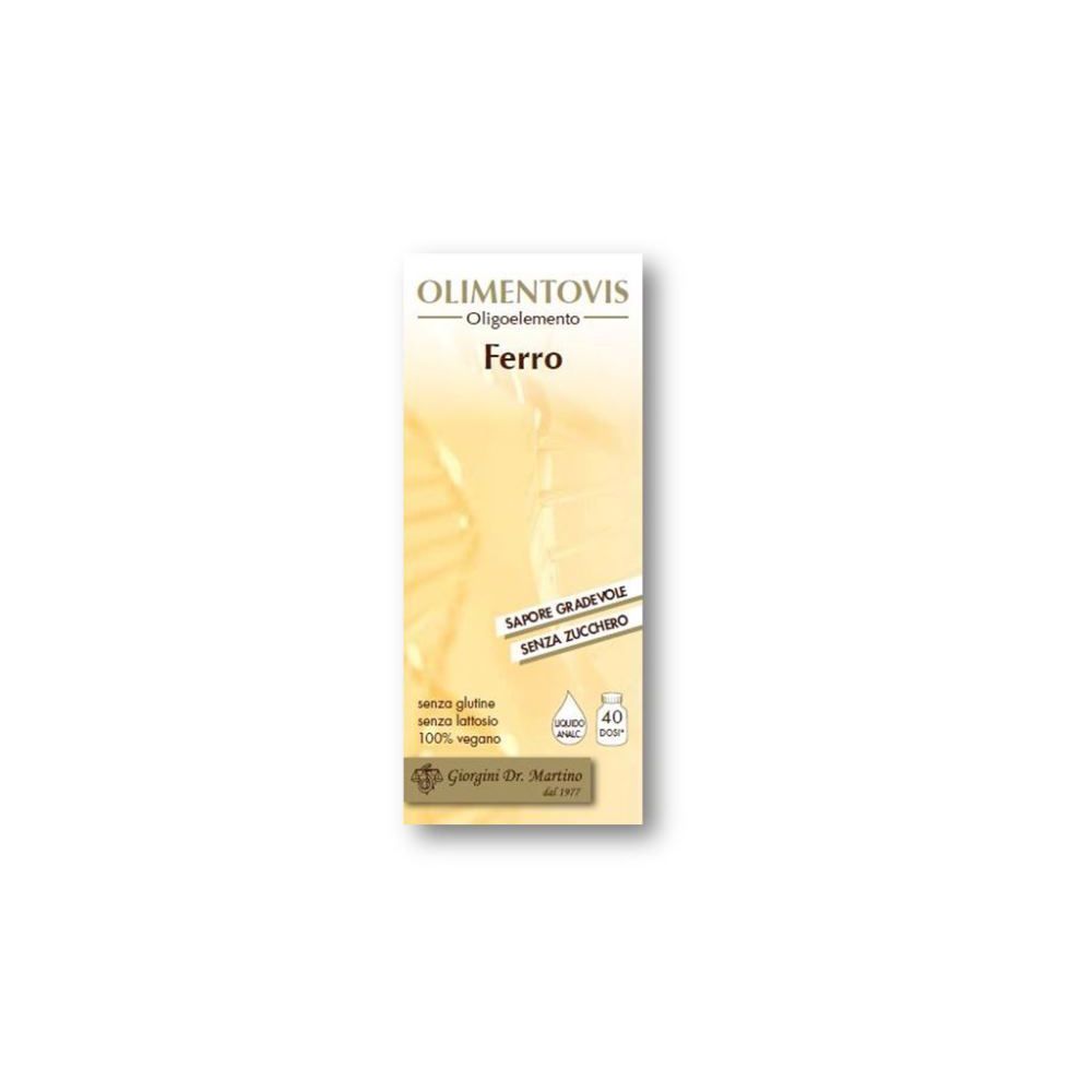 Olimentovis Oligoelemento Ferro: Packung mit Informationen zu Glutenfreiheit, Laktosefreiheit und Veganismus.