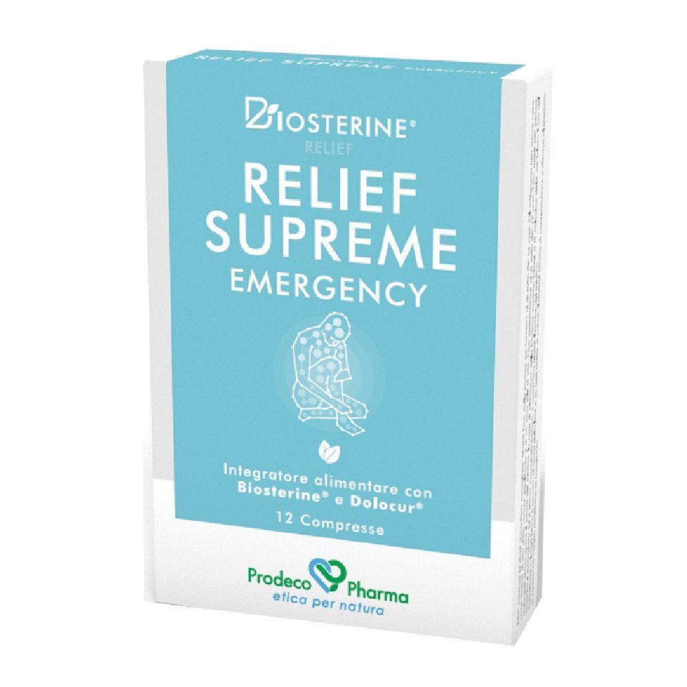 Scatola Biosterine Relief Supreme Emergency, 12 compresse. Design bianco-blu con nome e logo del prodotto.