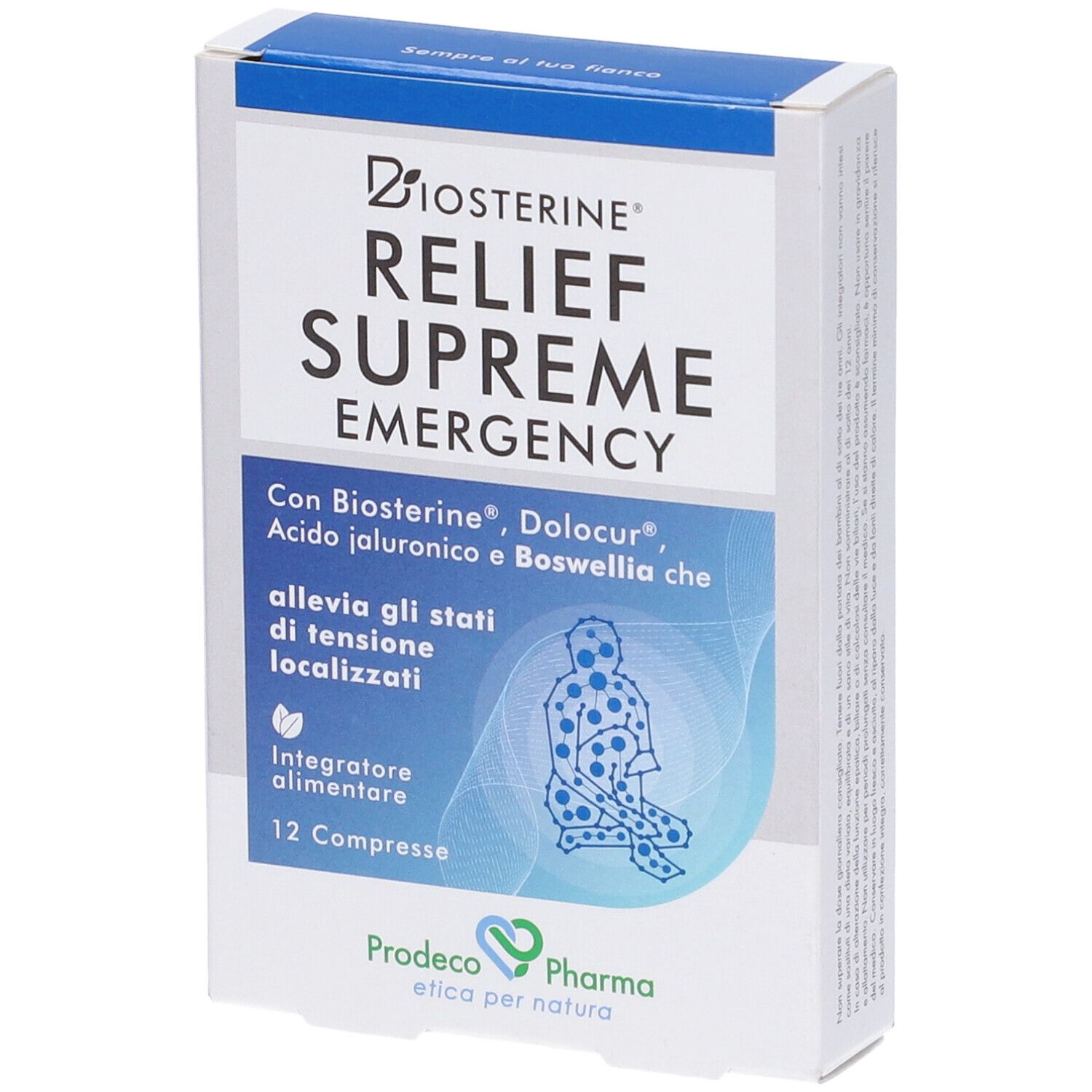 Scatola Biosterine Relief Supreme Emergency. Parte superiore blu, corpo bianco. Testo: '12 Compresse'.