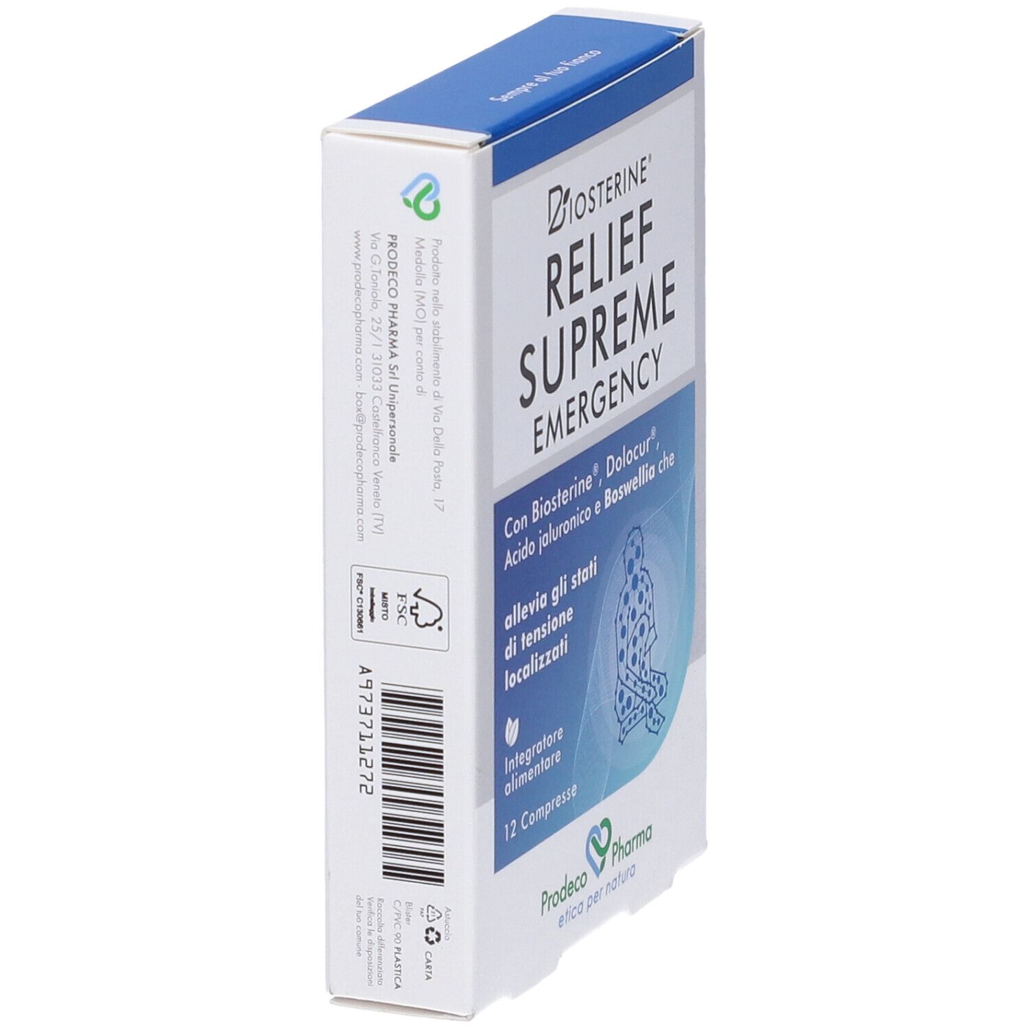 Scatola Biosterine Relief Supreme Emergency, vista laterale. Design blu e bianco. Testo e logo visibili.