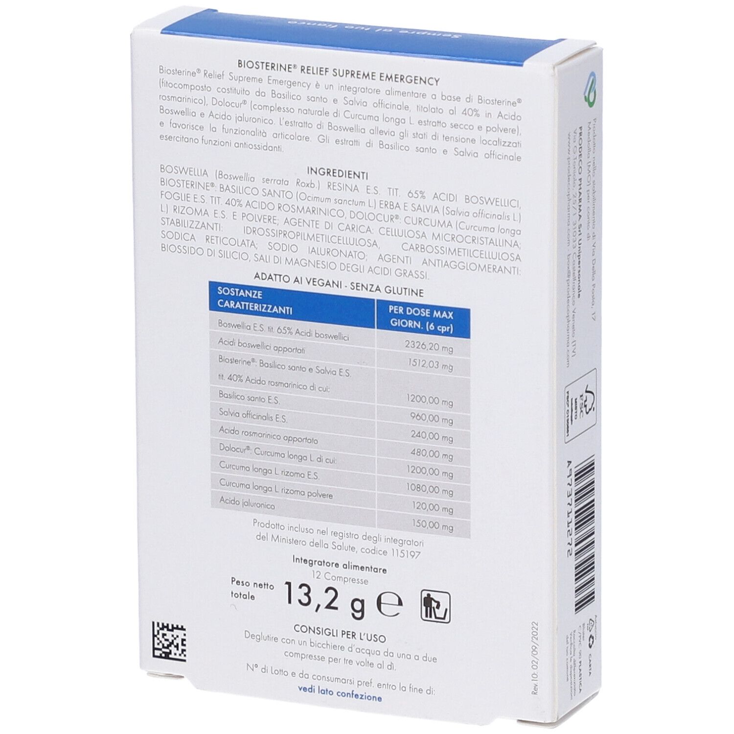 Retro della scatola Biosterine Relief Supreme Emergency. Testo con ingredienti e informazioni nutrizionali.
