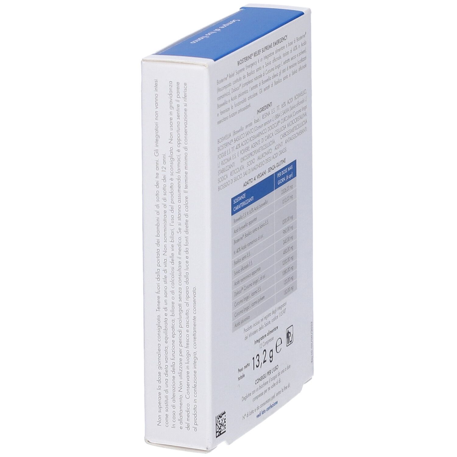 Vista laterale della scatola Biosterine Relief Supreme Emergency. Testo con informazioni e avvertenze.