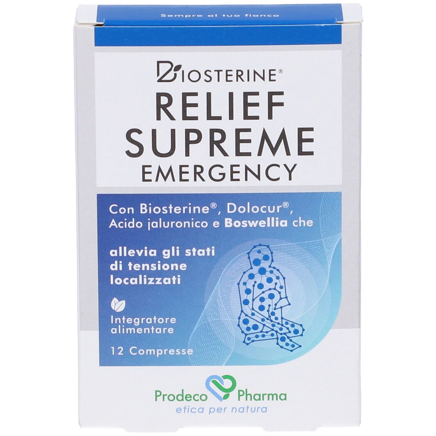 Scatola Biosterine Relief Supreme Emergency. Design blu e bianco. Testo: '12 Compresse'.