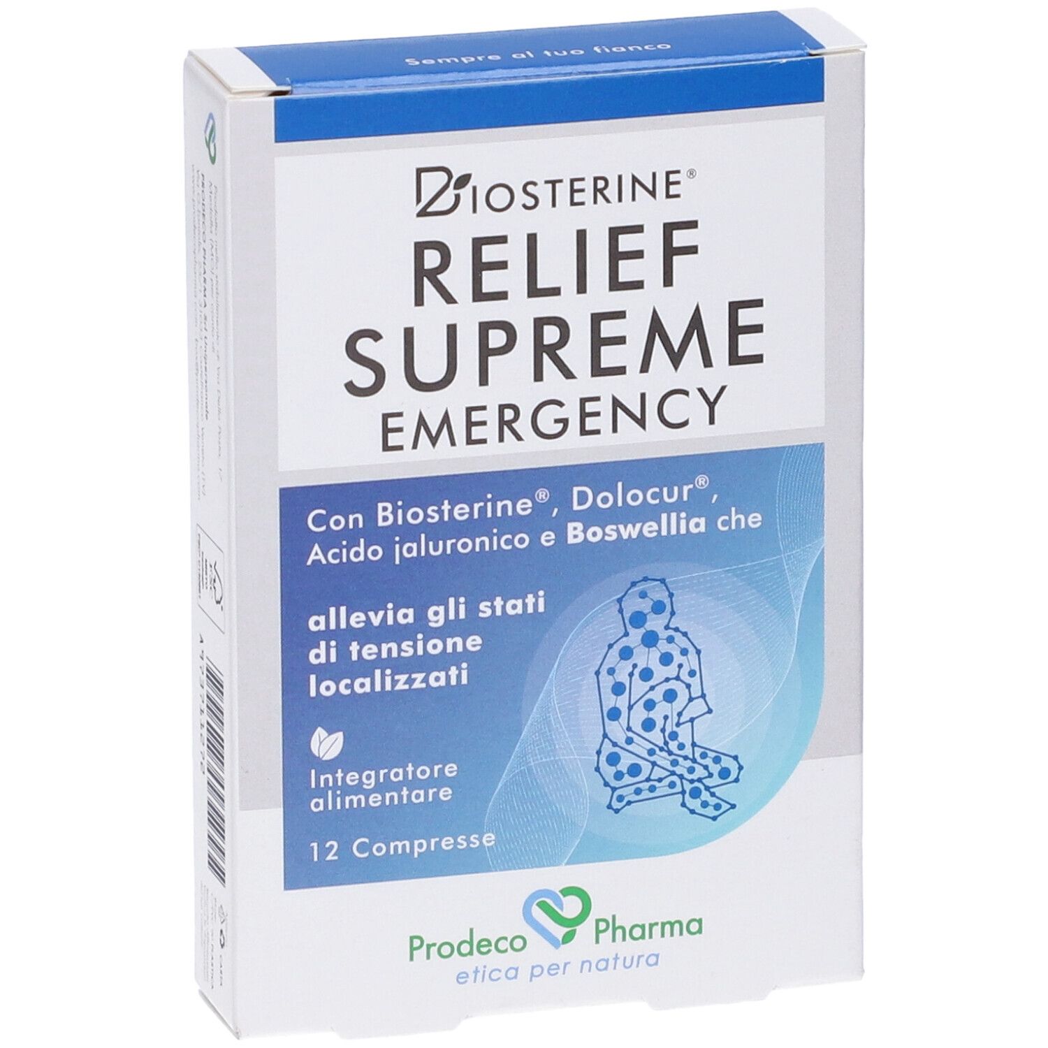 Scatola Biosterine Relief Supreme Emergency. Design blu e bianco. Testo: '12 Compresse'.