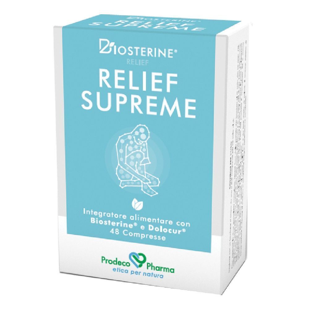 Scatola con logo e nome del prodotto. Testo: RELIEF SUPREME, 48 compresse. Illustrazione di una persona.