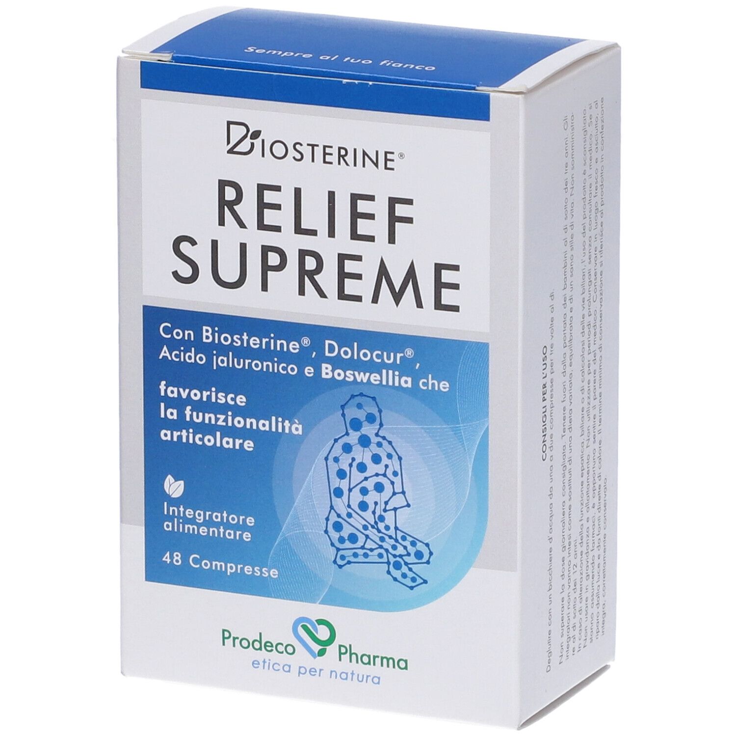 Confezione del prodotto con logo e testo: RELIEF SUPREME, 48 compresse. Contiene Biosterine, Dolocur, acido ialuronico e Boswellia.