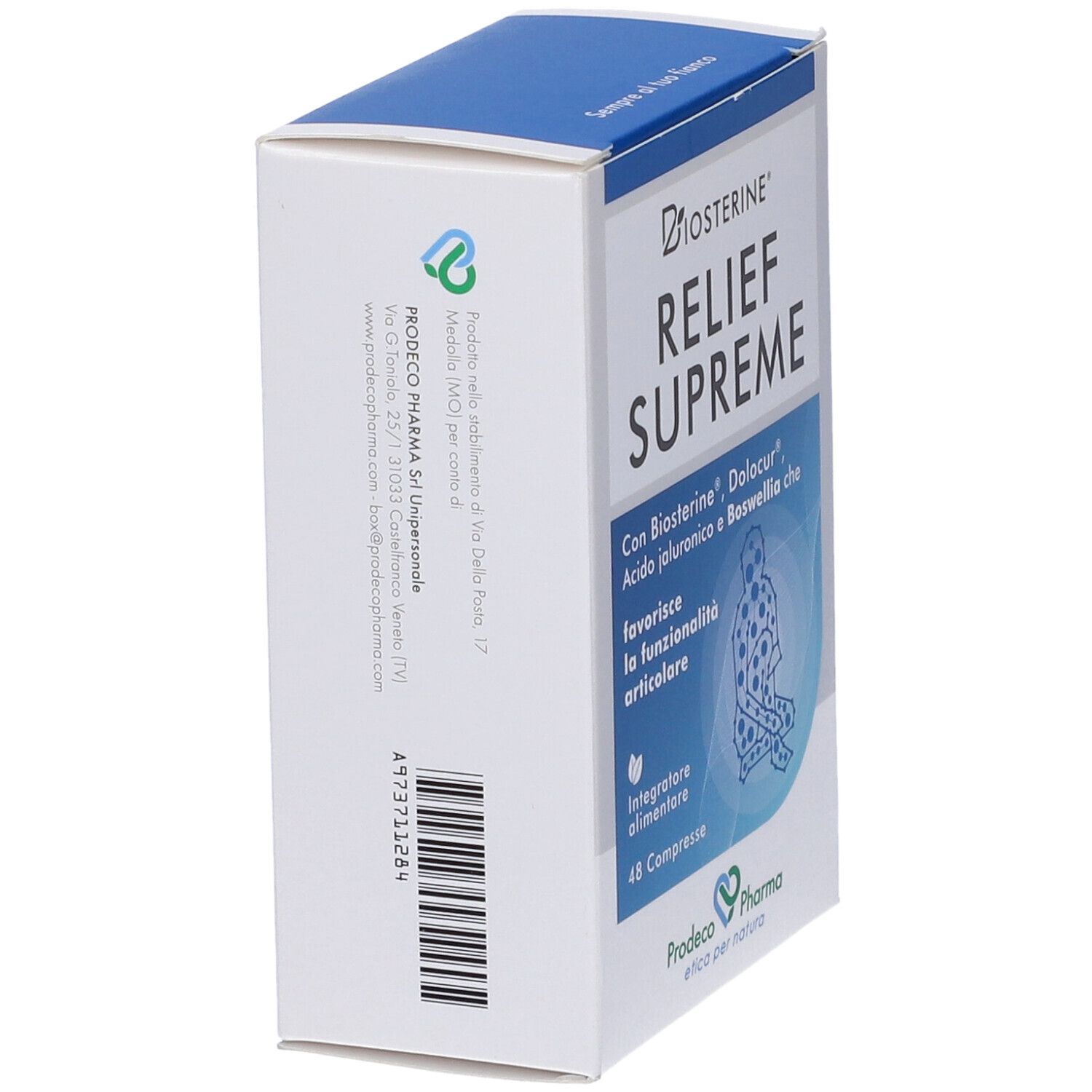 Vista laterale della confezione del prodotto. Logo e testo: RELIEF SUPREME, 48 compresse. Contiene Biosterine, Dolocur, acido ialuronico e Boswellia.