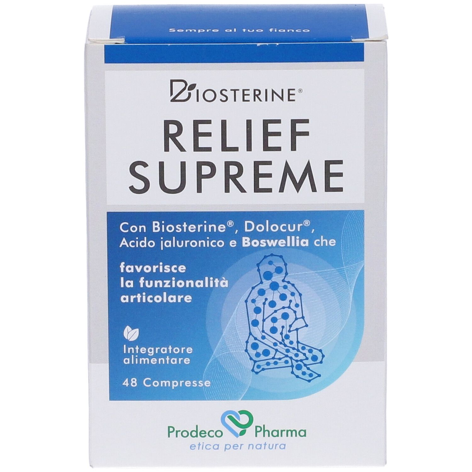 Confezione del prodotto con logo e testo: RELIEF SUPREME, 48 compresse. Contiene Biosterine, Dolocur, acido ialuronico e Boswellia.
