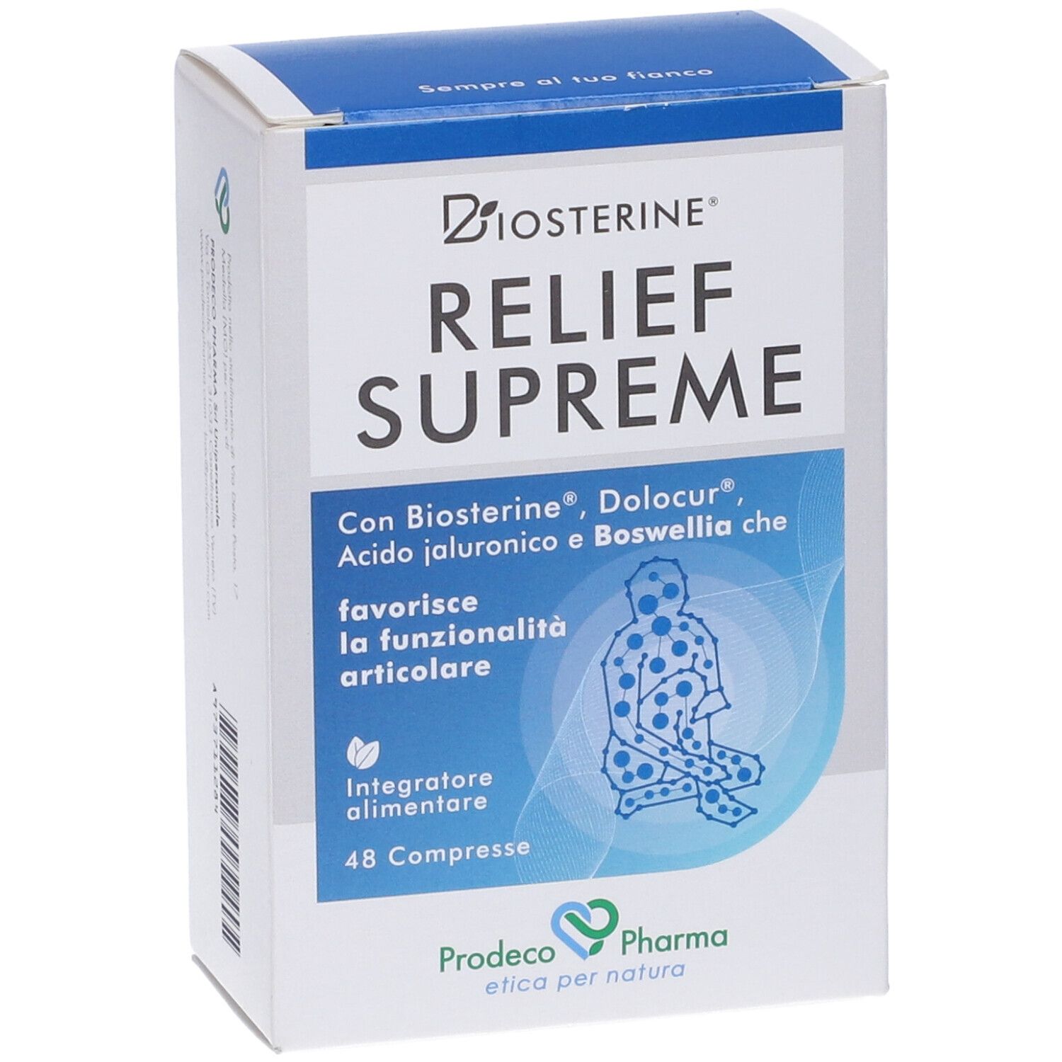 Confezione del prodotto con logo e testo: RELIEF SUPREME, 48 compresse. Contiene Biosterine, Dolocur, acido ialuronico e Boswellia.