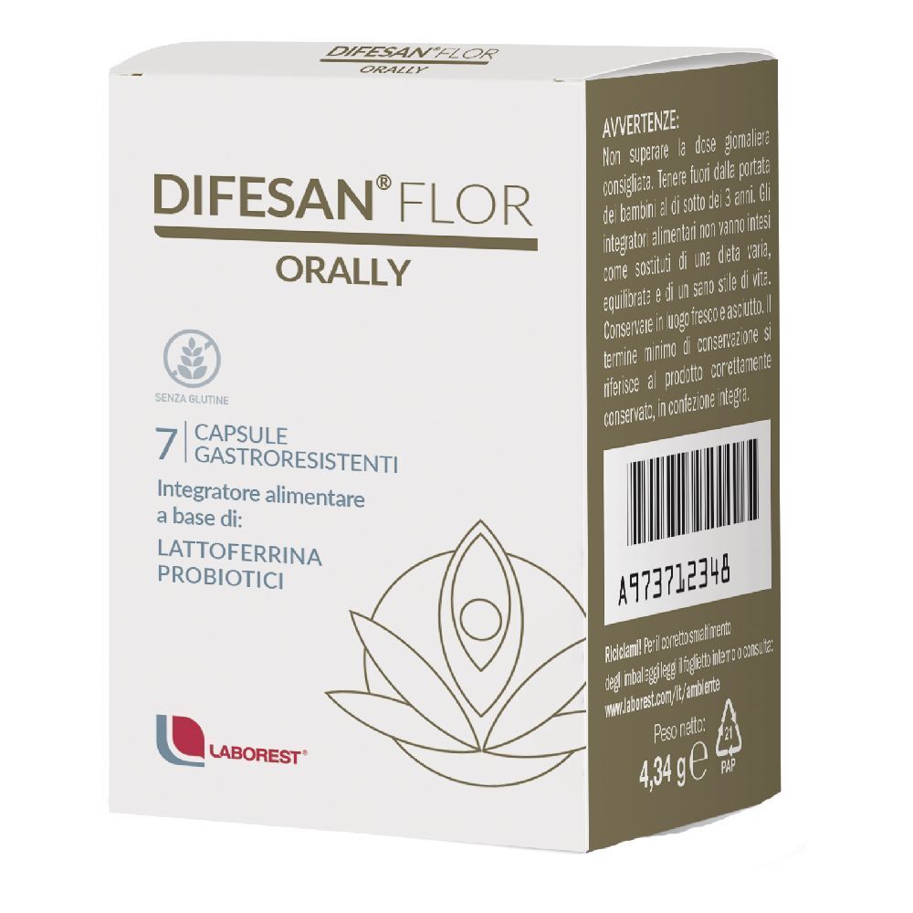 Scatola con stampa del prodotto. Contiene 7 capsule. Marca: DIFESAN® FLOR ORALLY. Senza glutine.