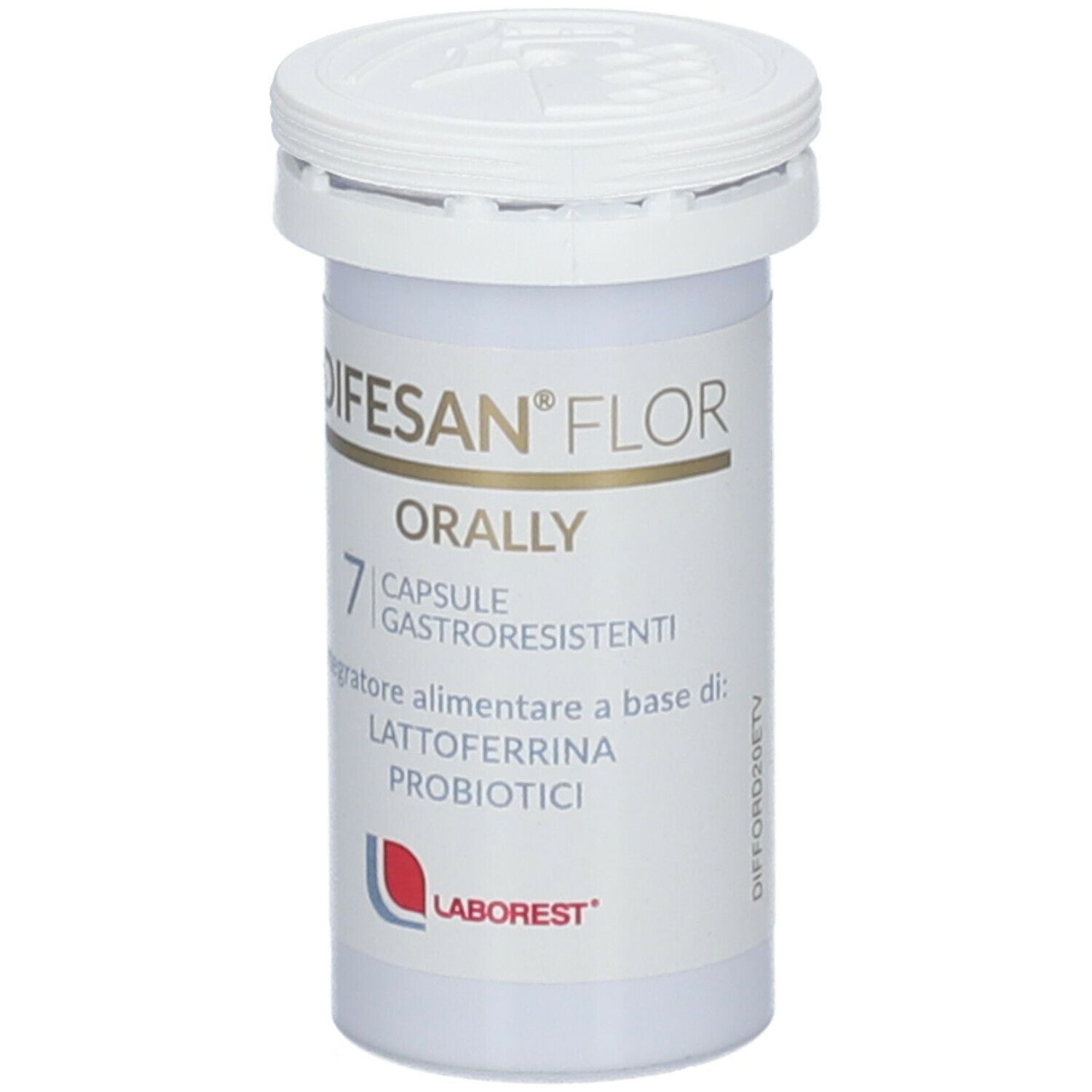 Flacone bianco con tappo a vite. Stampa: DIFESAN® FLOR ORALLY, 7 capsule. Marca: LABOREST.