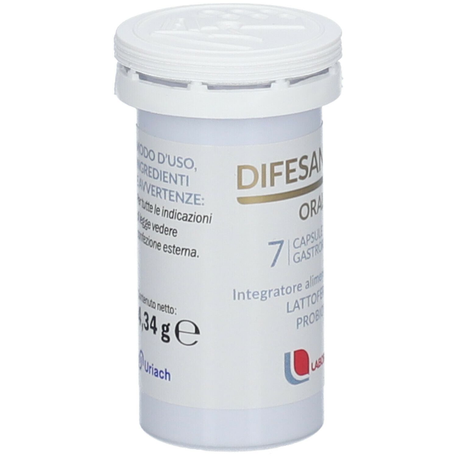 Flacone bianco con tappo a vite. Stampa: DIFESAN® FLOR ORALLY, 7 capsule. Marca: LABOREST.