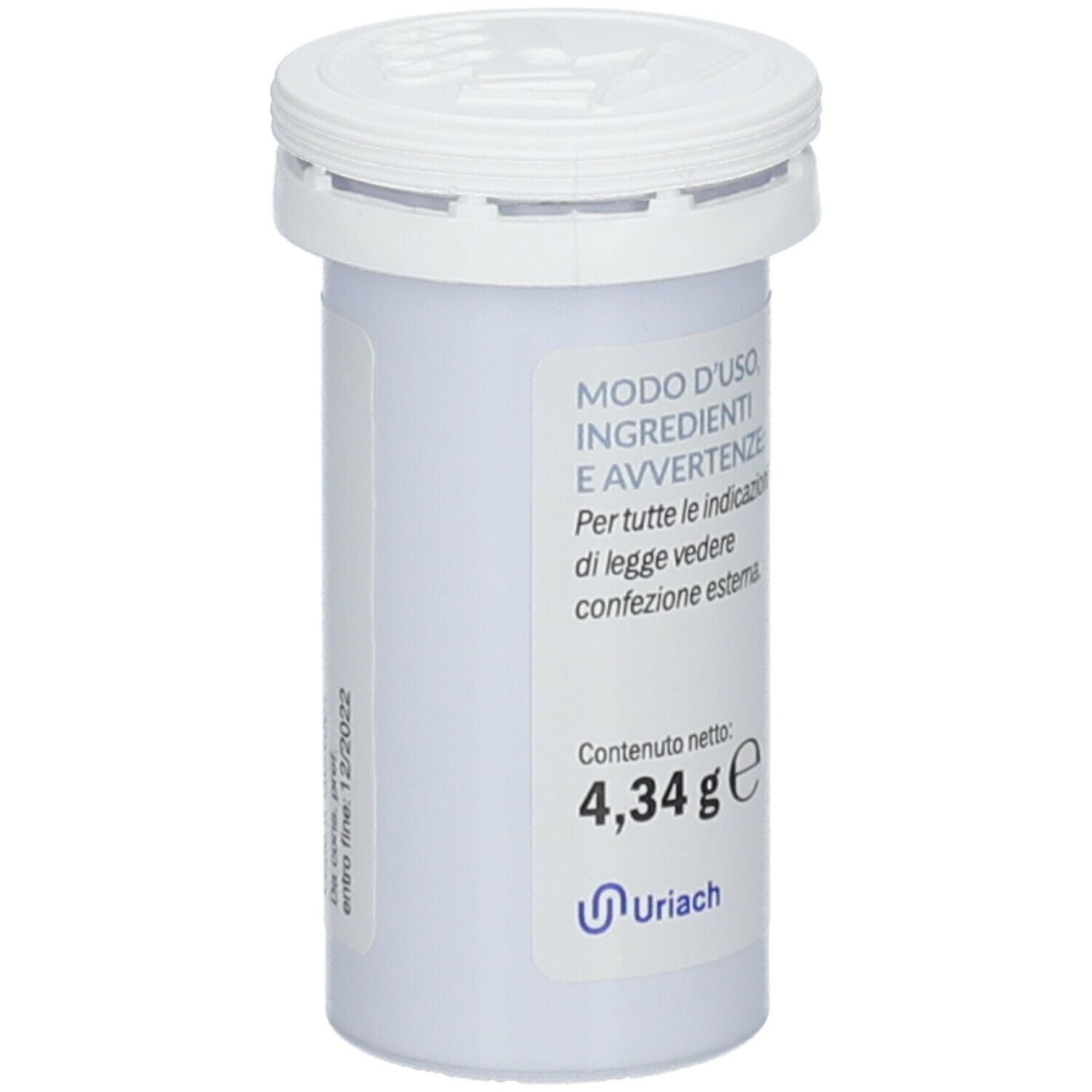 Flacone bianco con tappo a vite. Stampa: 4,34 g. Marca: Uriach.