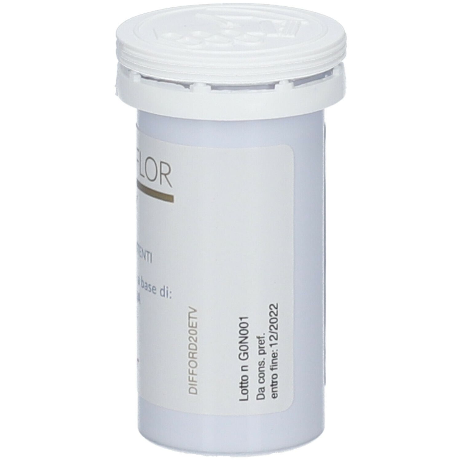Flacone bianco con tappo a vite. Stampa: 4,34 g. Marca: Uriach.