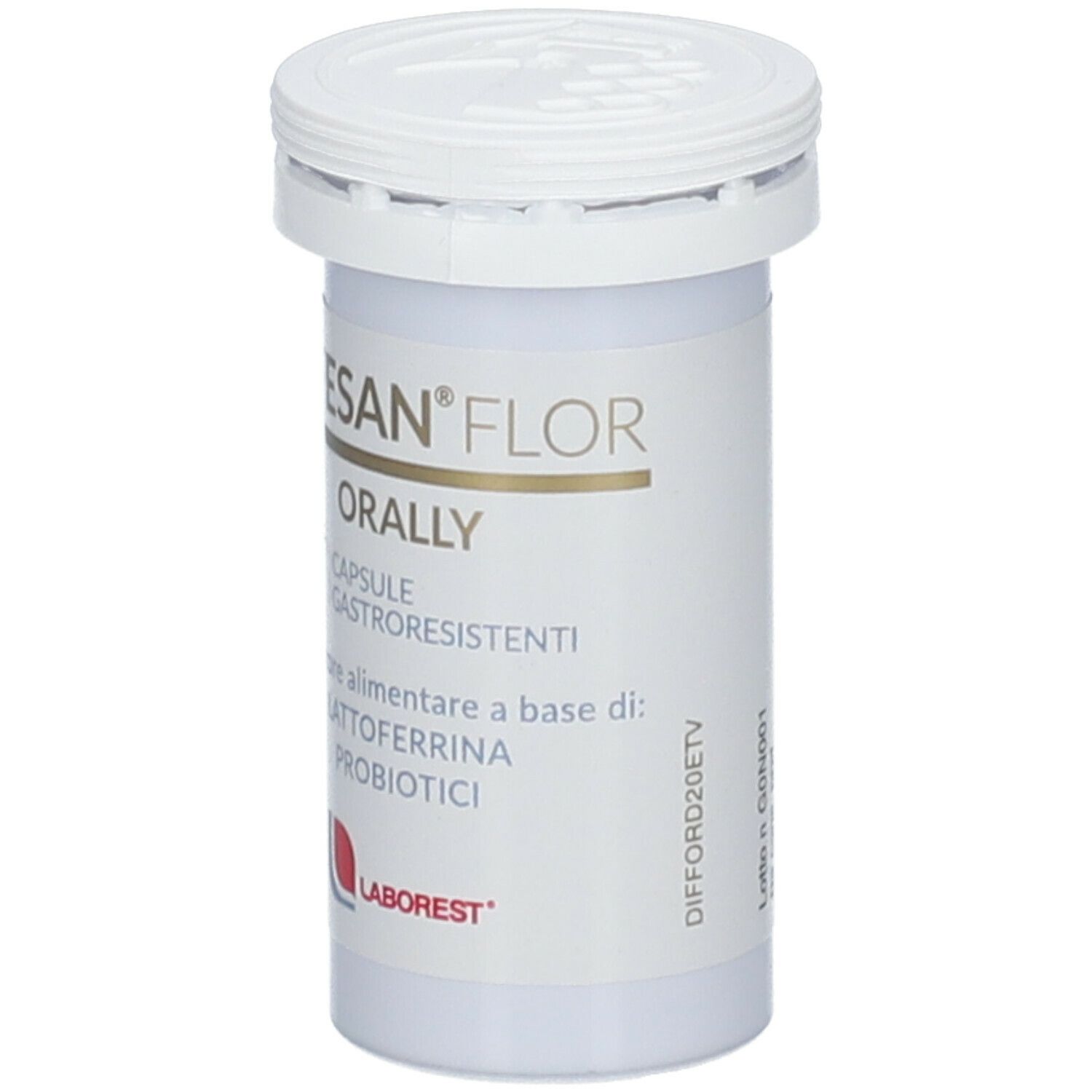 Flacone bianco con tappo a vite. Stampa: DIFESAN® FLOR ORALLY, 7 capsule. Marca: LABOREST.
