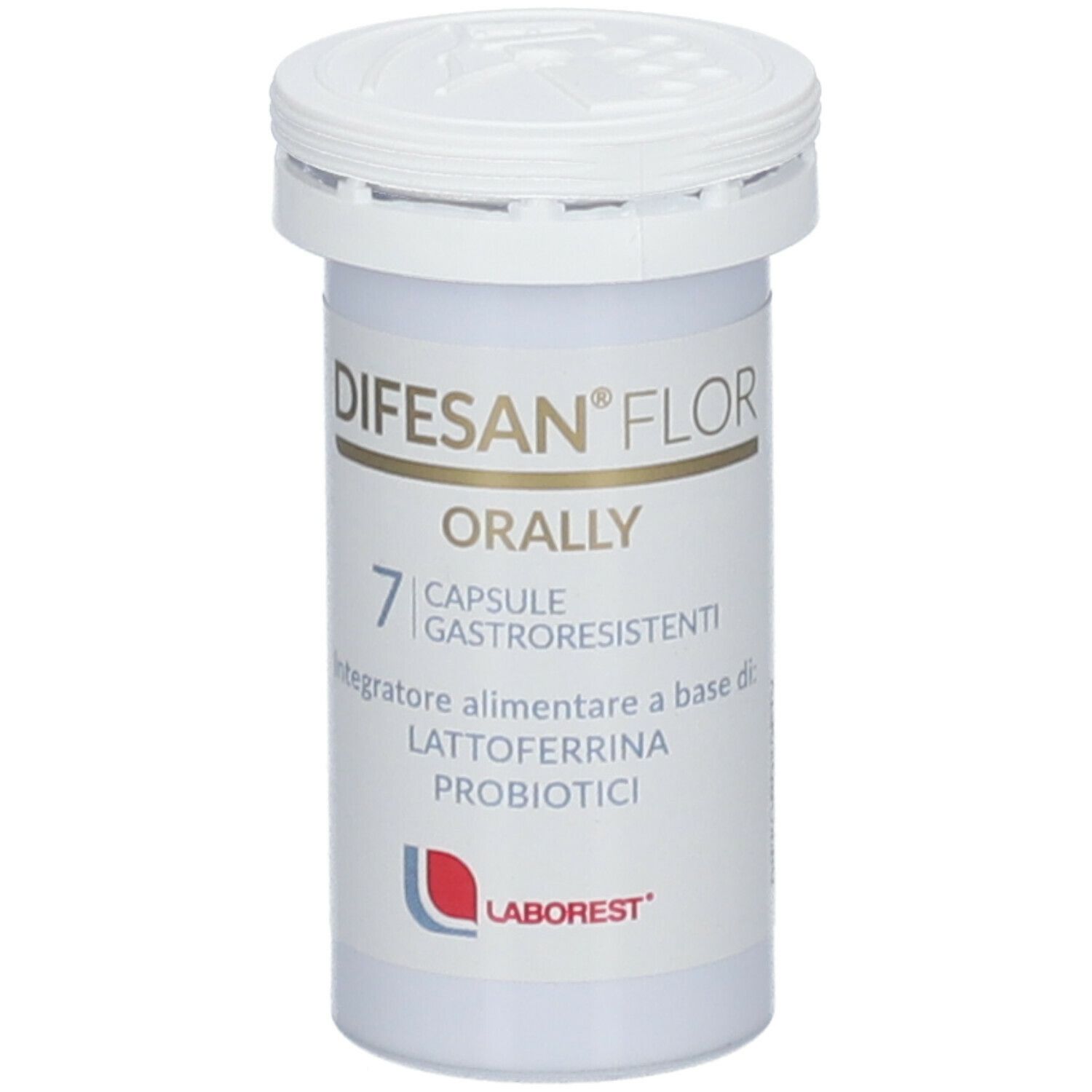 Flacone bianco con tappo a vite. Stampa: DIFESAN® FLOR ORALLY, 7 capsule. Marca: LABOREST.