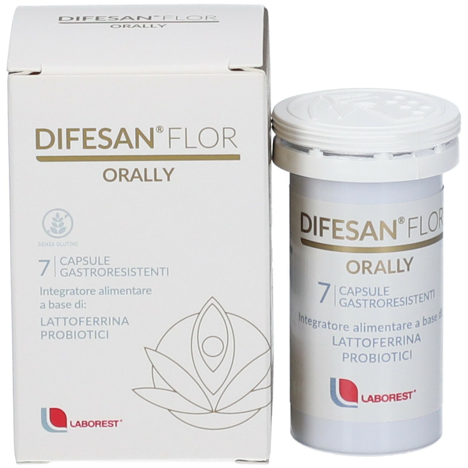 Confezione e flacone del prodotto. Stampa: DIFESAN® FLOR ORALLY, 7 capsule. Marca: LABOREST.