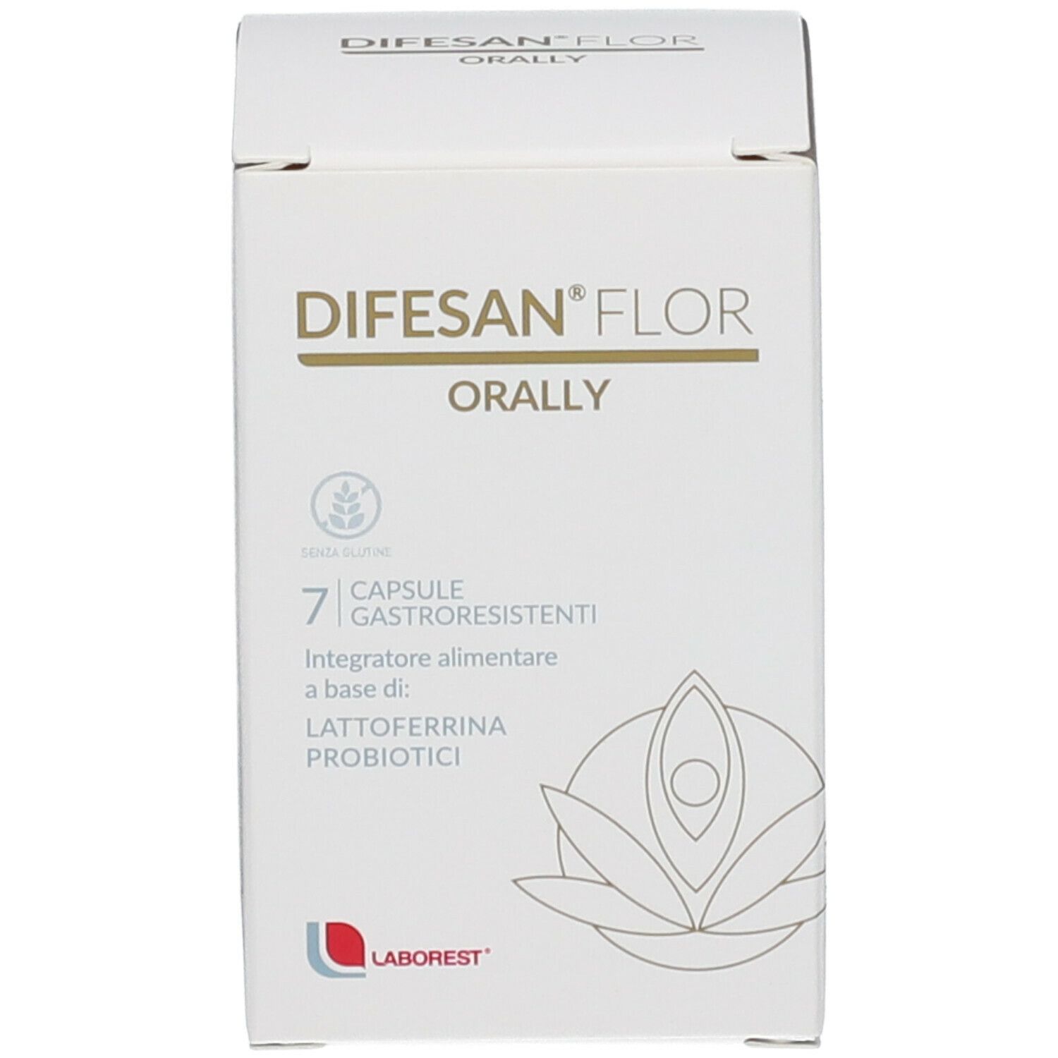 Confezione del prodotto. Stampa: DIFESAN® FLOR ORALLY, 7 capsule. Marca: LABOREST. Senza glutine.