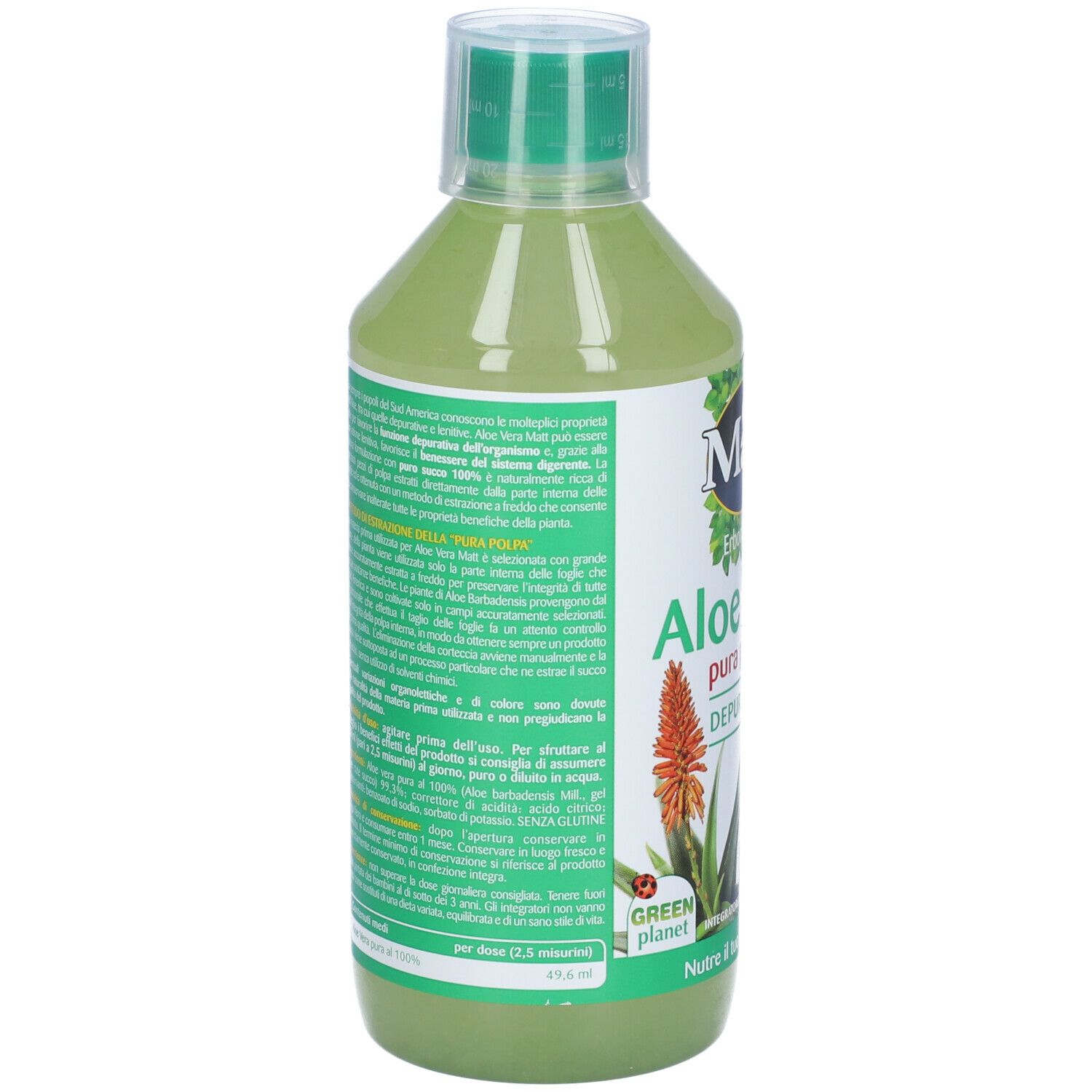 Bottiglia verde con Aloe Vera. Scritta: Matt Erboristeria Aloe Vera pura polpa Depurativo. Retro con testo e logo.