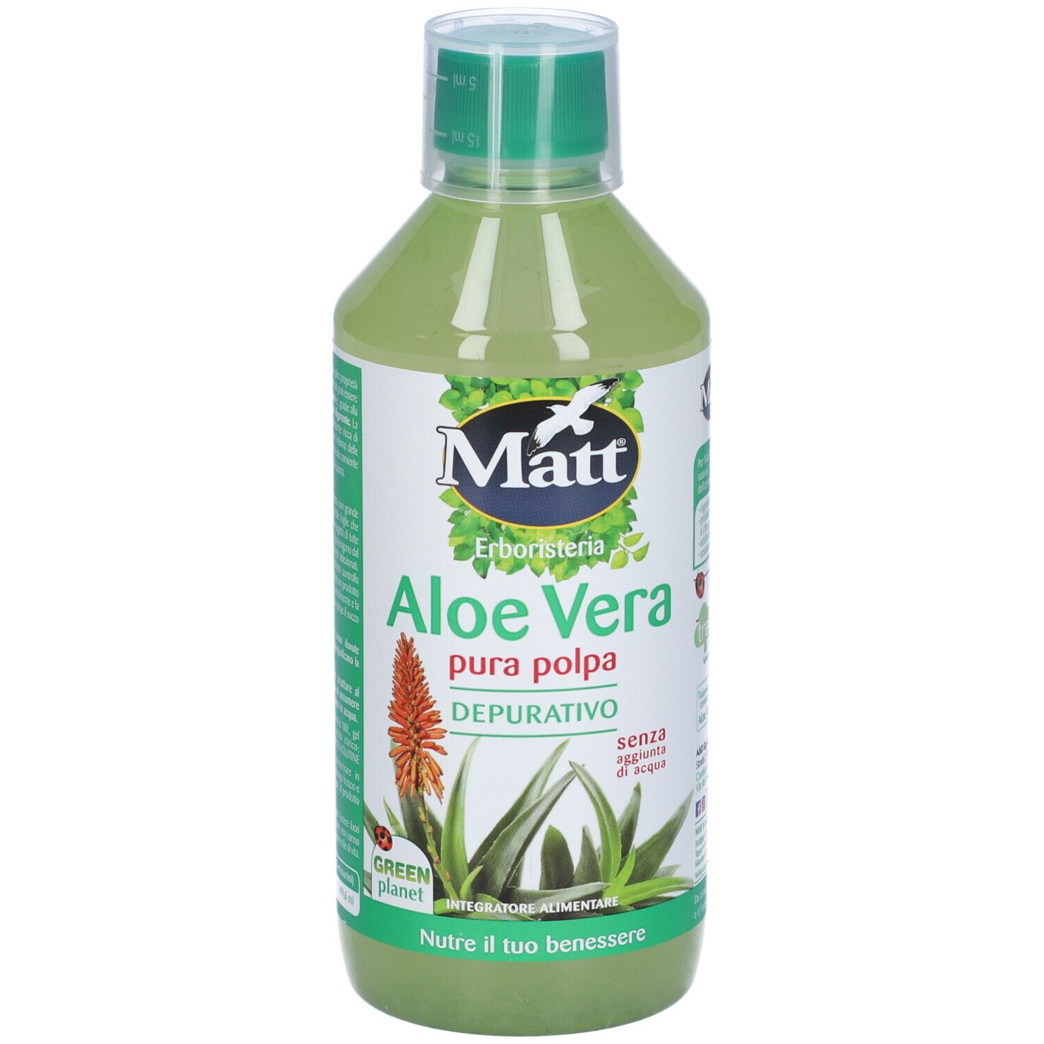 Bottiglia verde con Aloe Vera. Scritta: Matt Erboristeria Aloe Vera pura polpa Depurativo. Etichetta verde con illustrazione di Aloe Vera.