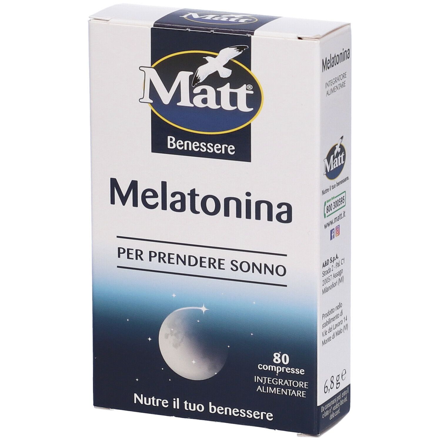 Scatola di Matt® Benessere Melatonina. Scritto: Melatonina, 80 compresse. Motivo luna e stelle.