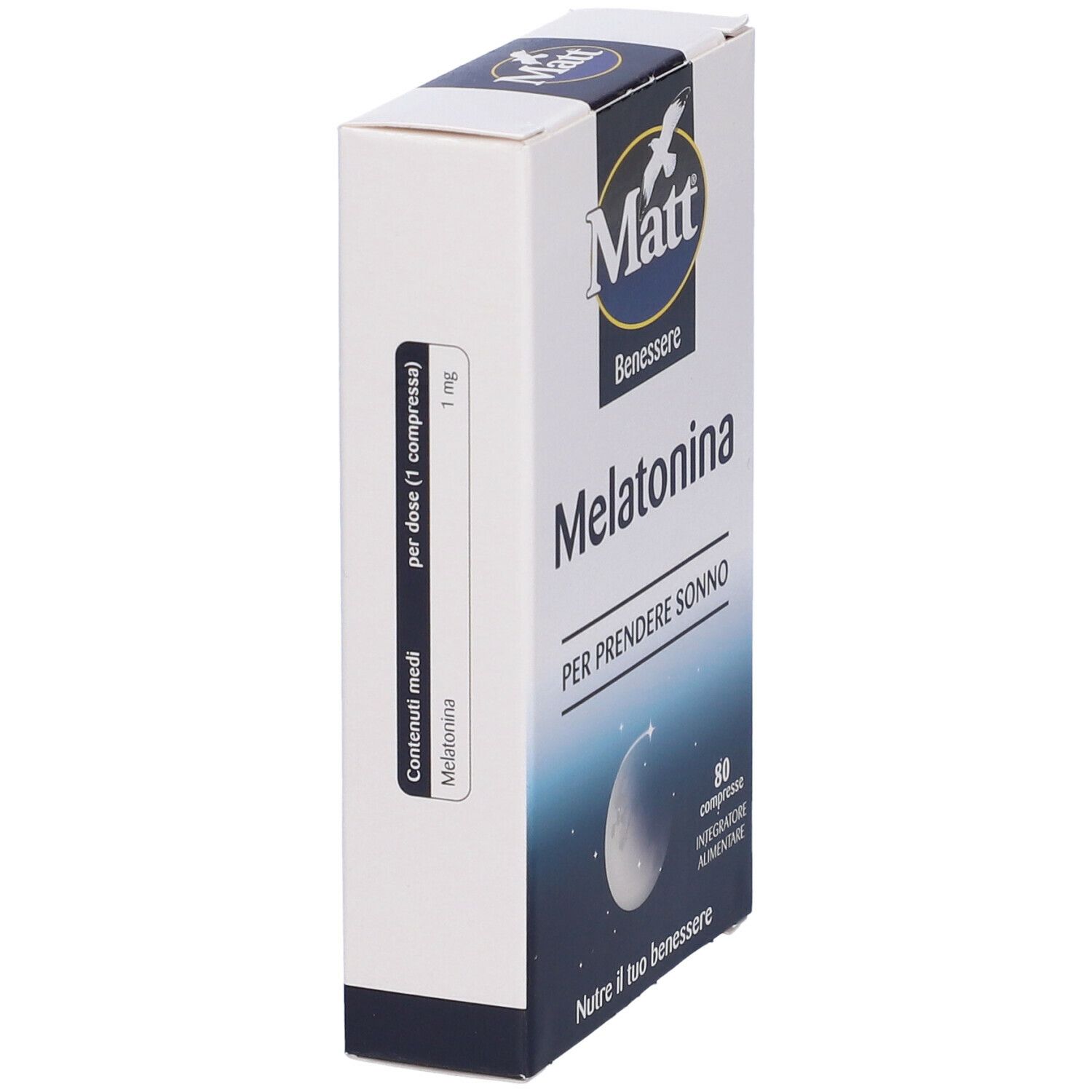 Scatola Matt® Benessere Melatonina. Scritto: Melatonina, 1 mg per dose. Scatola bianca con testo blu.