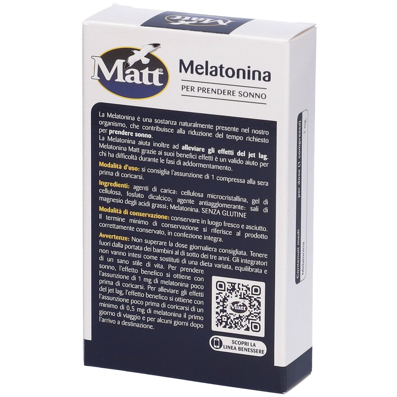 Retro della scatola Matt® Benessere Melatonina. Testo in italiano. Codice QR e logo.