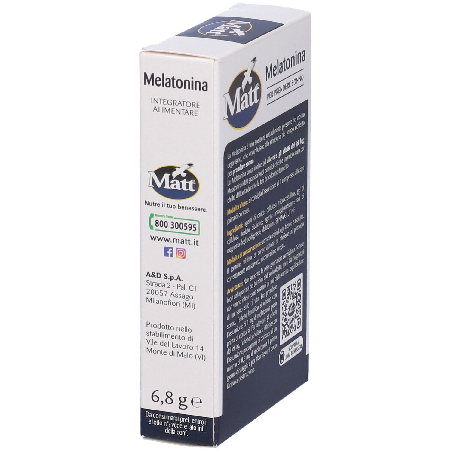Vista laterale della scatola Matt® Benessere Melatonina. Testo in italiano. Informazioni di contatto.