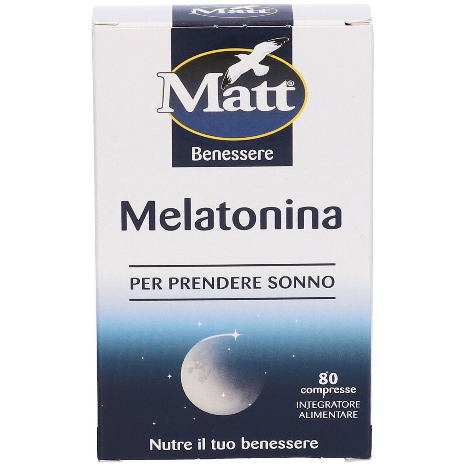 Fronte della scatola Matt® Benessere Melatonina. Scritto: Melatonina, 80 compresse. Motivo luna e stelle.