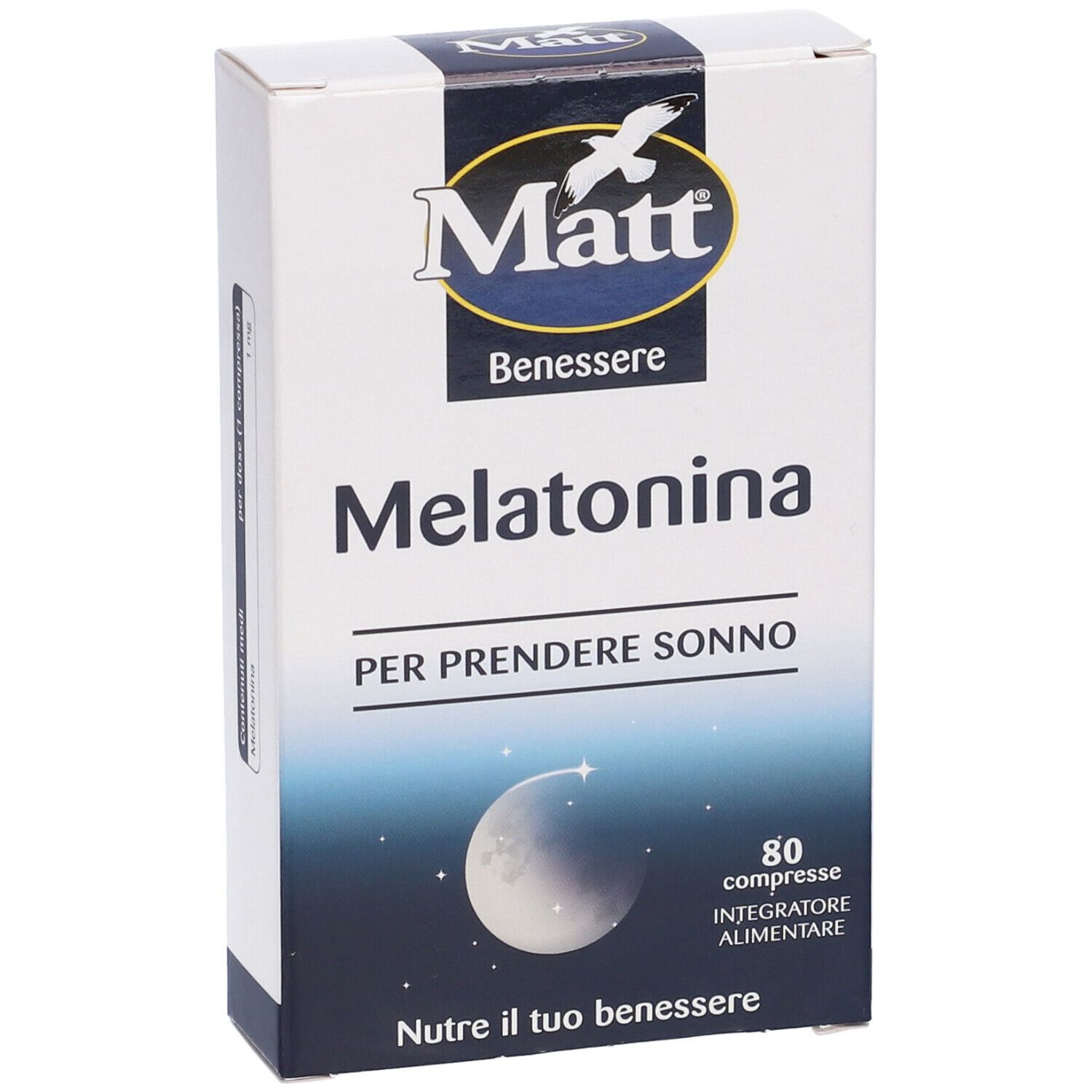 Fronte della scatola Matt® Benessere Melatonina. Scritto: Melatonina, 80 compresse. Motivo luna e stelle.