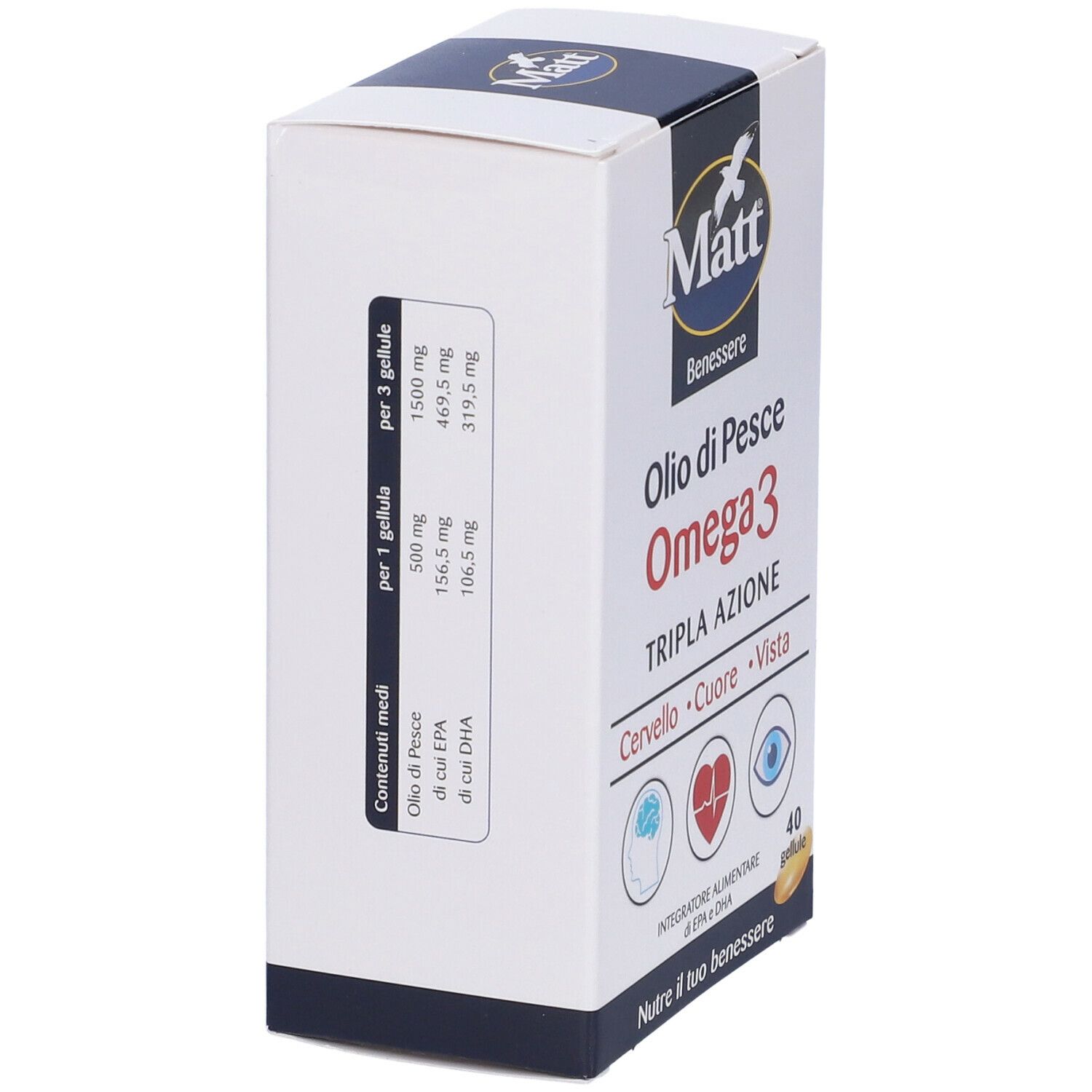 Scatola di Matt® Wellness Olio di Pesce Omega 3. Scritto: Oilo di Pesce Omega 3. Informazioni nutrizionali per capsula e 3 capsule.