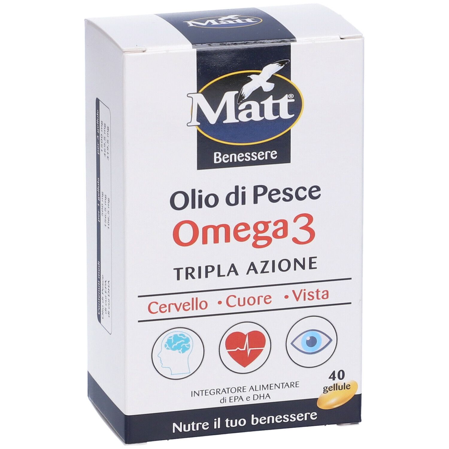 Scatola di Matt® Wellness Olio di Pesce Omega 3. Scritto: Oilo di Pesce Omega 3. 40 capsule. Illustrazioni di cervello, cuore e occhio.