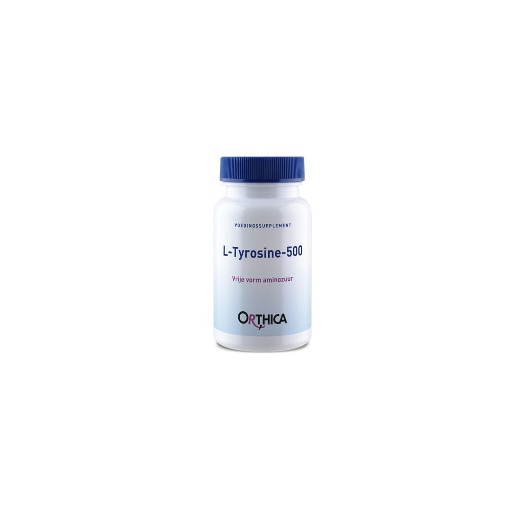 Flacone bianco con tappo blu. Etichetta con "L-Tyrosine-500" e "ORTHICA".