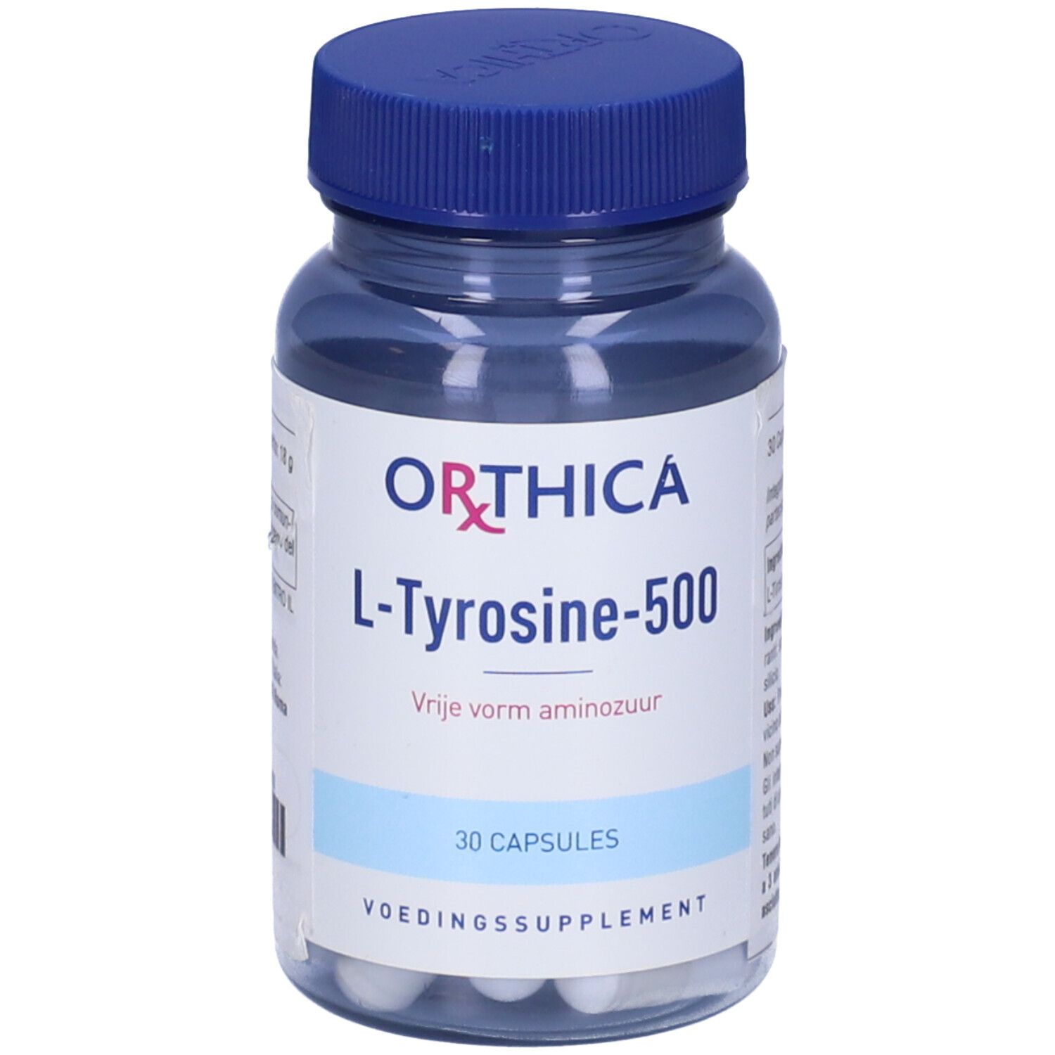 Flacone trasparente con tappo blu. Etichetta con "ORTHICA", "L-Tyrosine-500" e "30 CAPSULES".