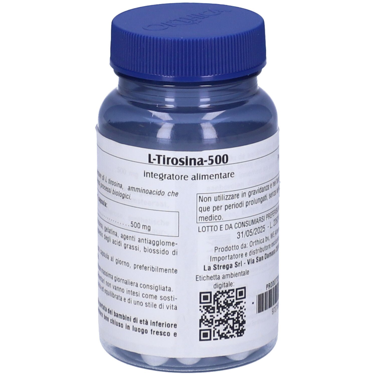 Flacone trasparente con tappo blu. Etichetta con testo, tra cui "L-Tirosina-500".