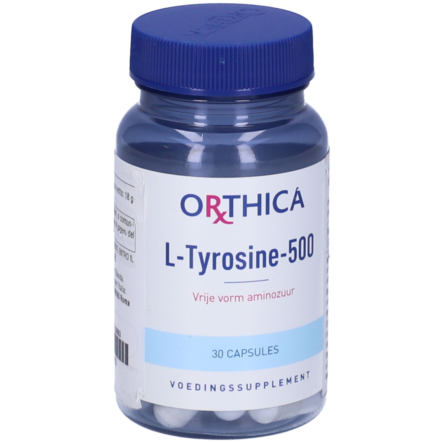 Flacone trasparente con tappo blu. Etichetta con "ORTHICA", "L-Tyrosine-500" e "30 CAPSULES".