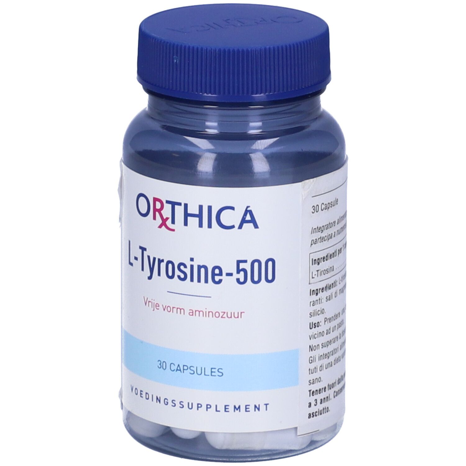 Flacone trasparente con tappo blu. Etichetta con "ORTHICA", "L-Tyrosine-500" e "30 CAPSULES".