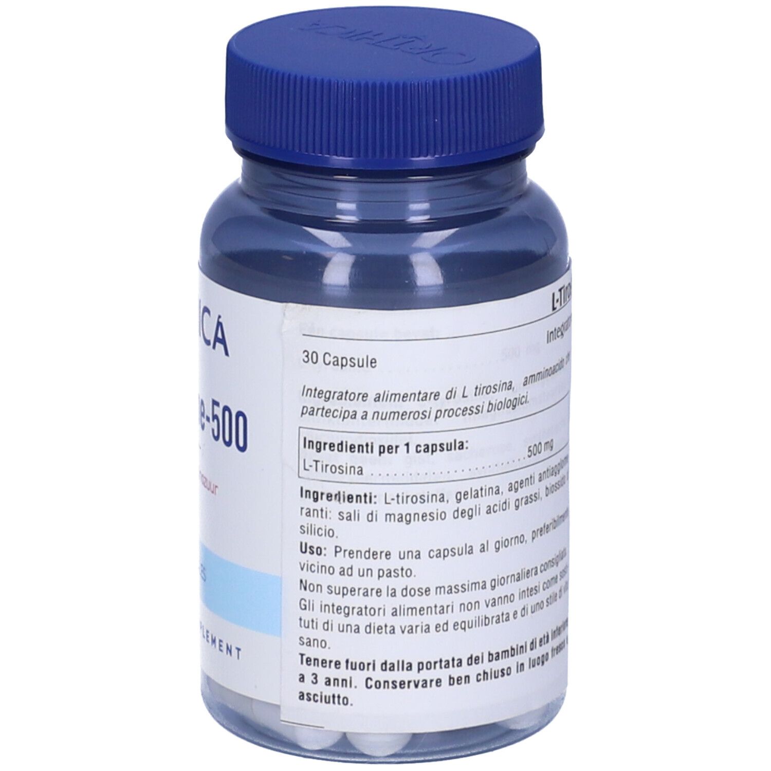 Vista posteriore di un flacone trasparente con tappo blu. Etichetta con testo, tra cui "30 Capsule".