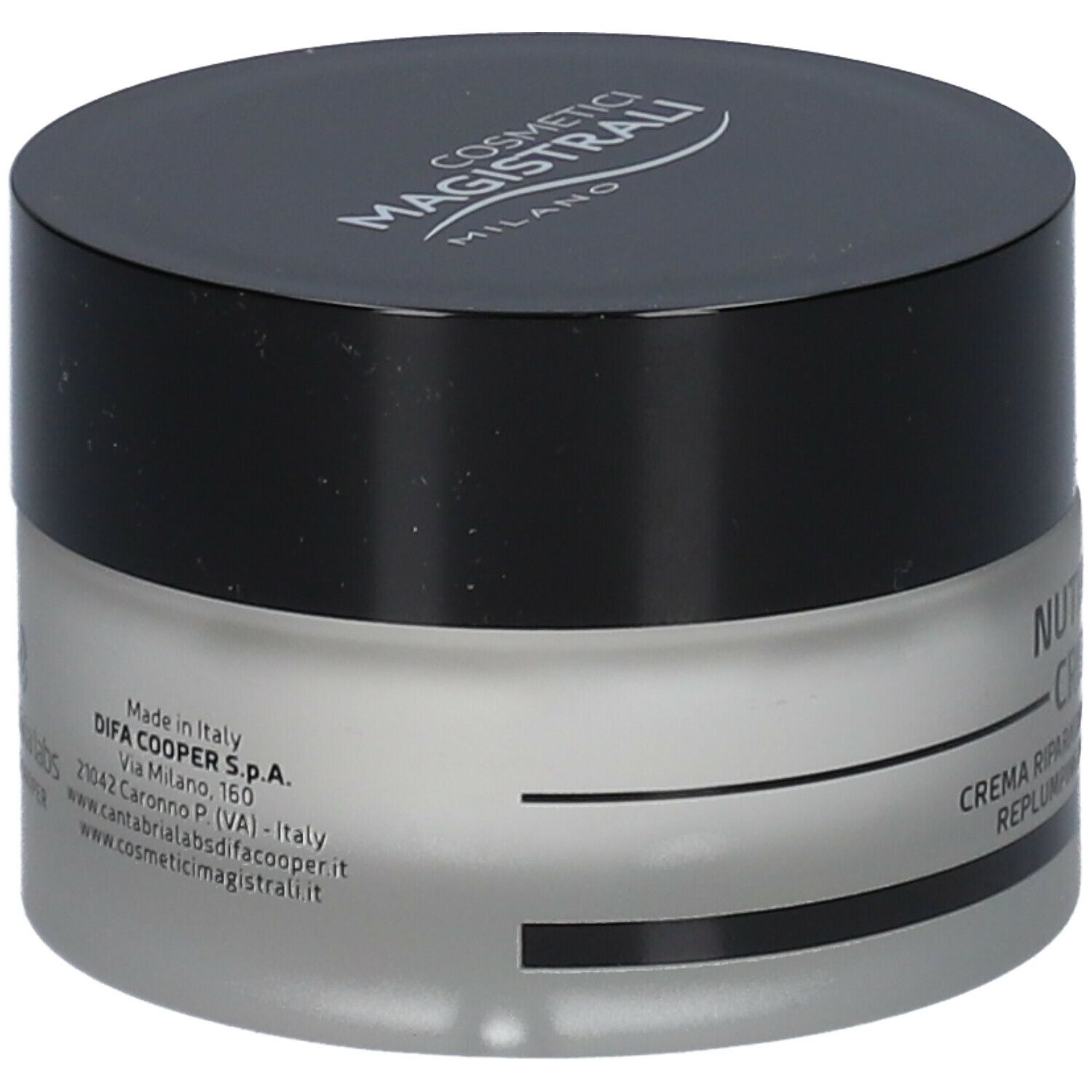 Vasetto di crema con coperchio nero. Scritta: Nutriage Cream, Crema Riparatrice Rimpolpante, Replumping Repair Cream.