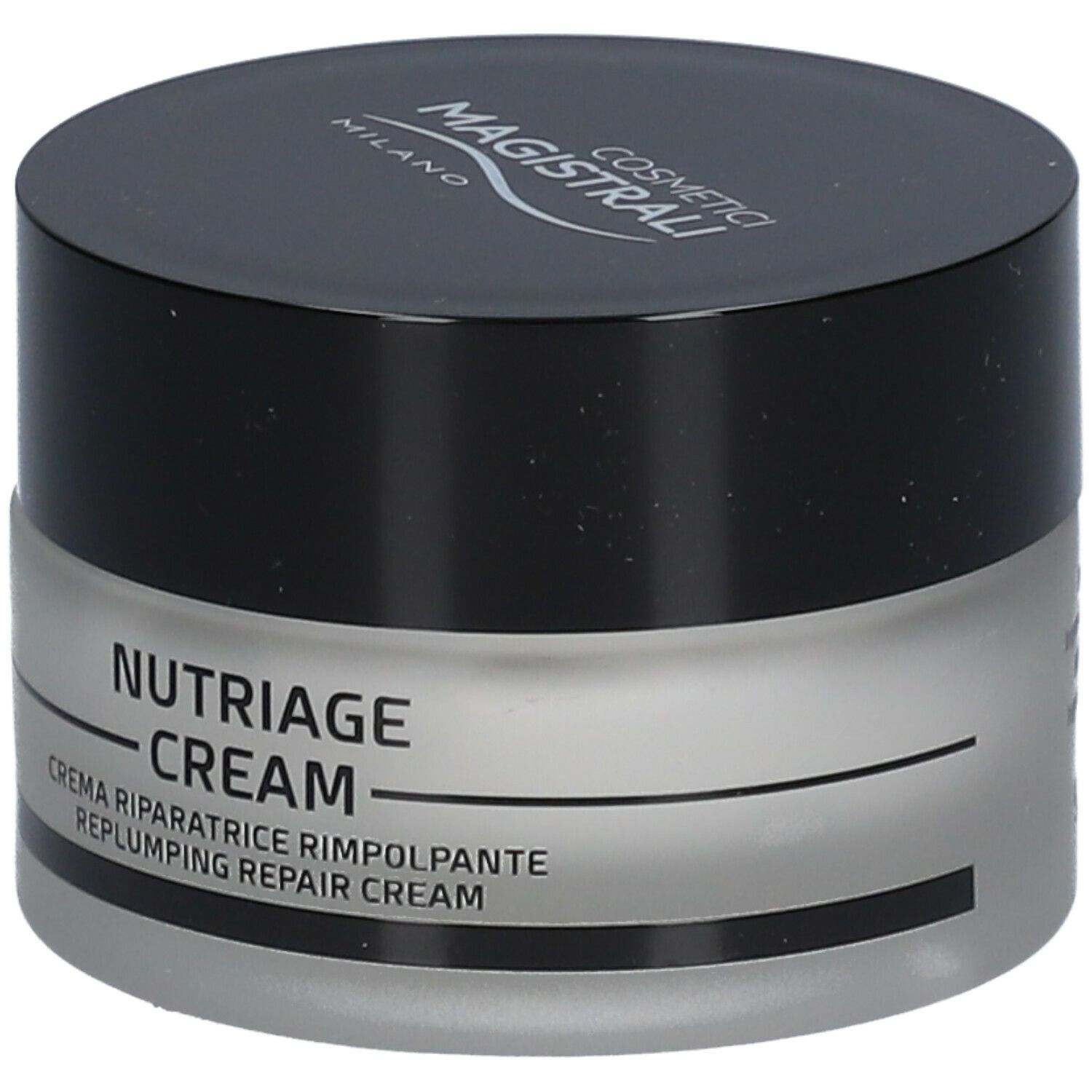 Vasetto di crema con coperchio nero. Scritta: Nutriage Cream, Crema Riparatrice Rimpolpante, Replumping Repair Cream.