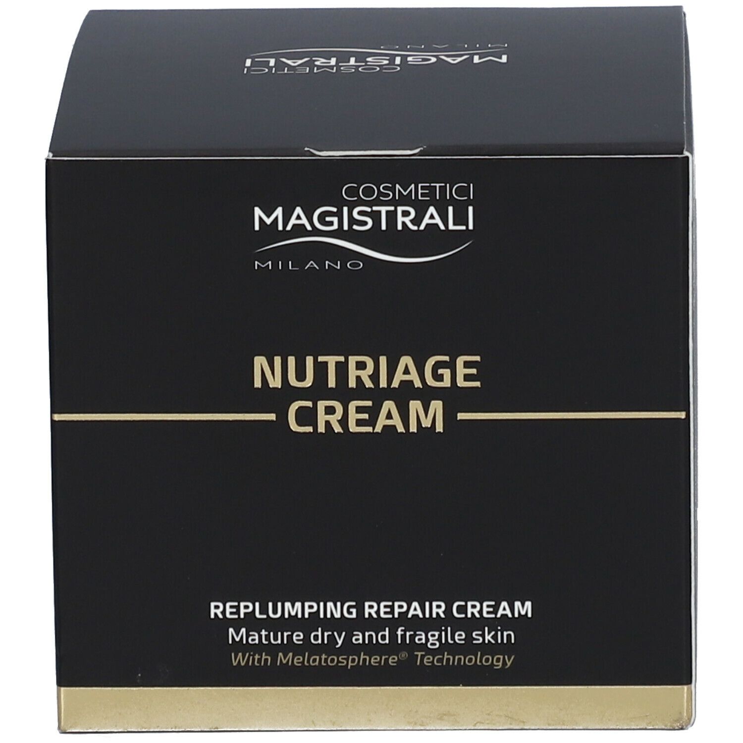 Scatola nera con nome del prodotto e logo del marchio. Scritta: Nutriage Cream, Replumping Repair Cream.