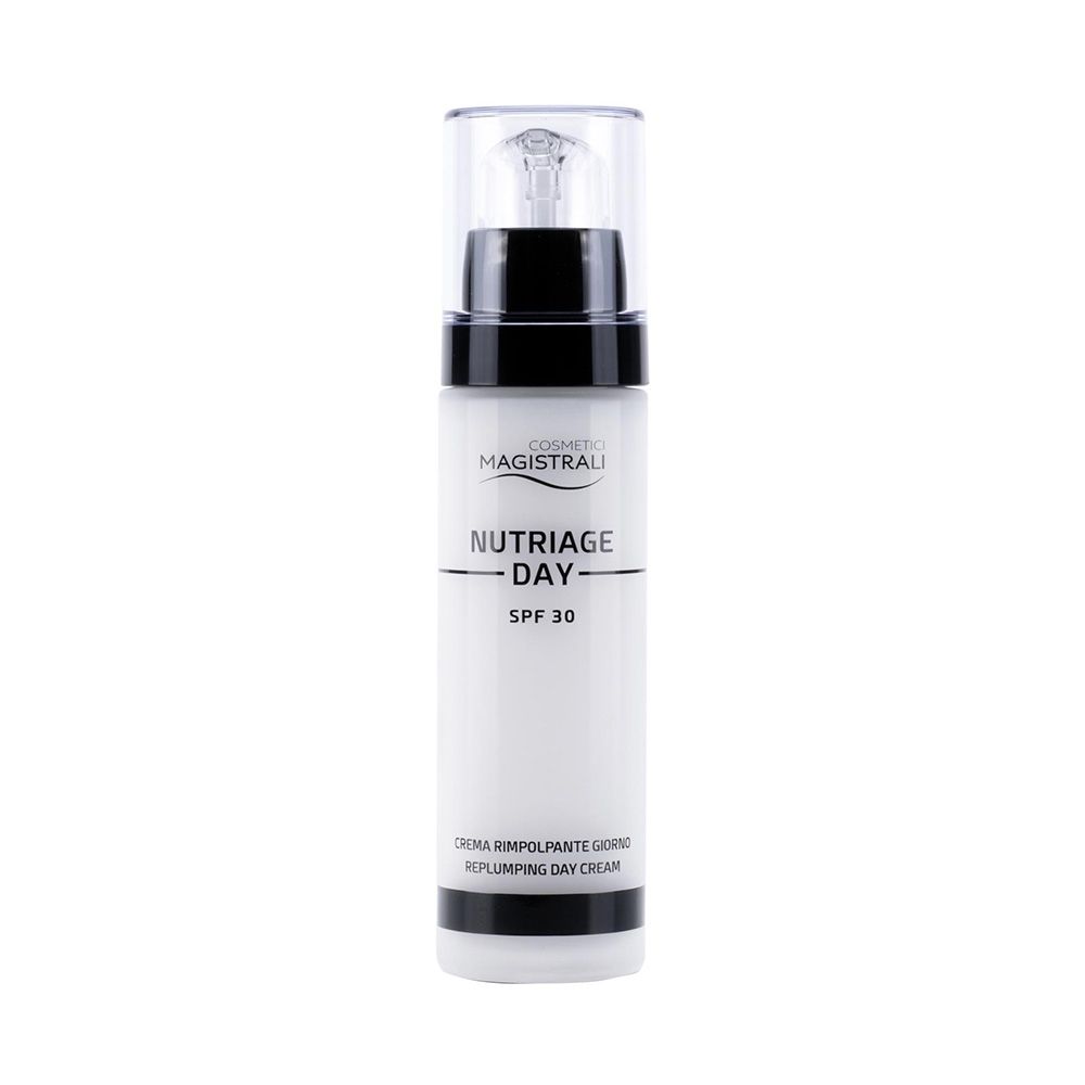 Flacone bianco con tappo nero. Scritta: Nutriage Day SPF 30. Crema giorno.