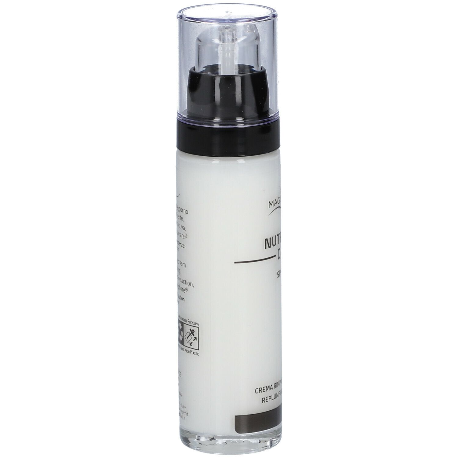 Flacone bianco con tappo nero. Scritta: Nutriage Day SPF 30. Crema giorno.