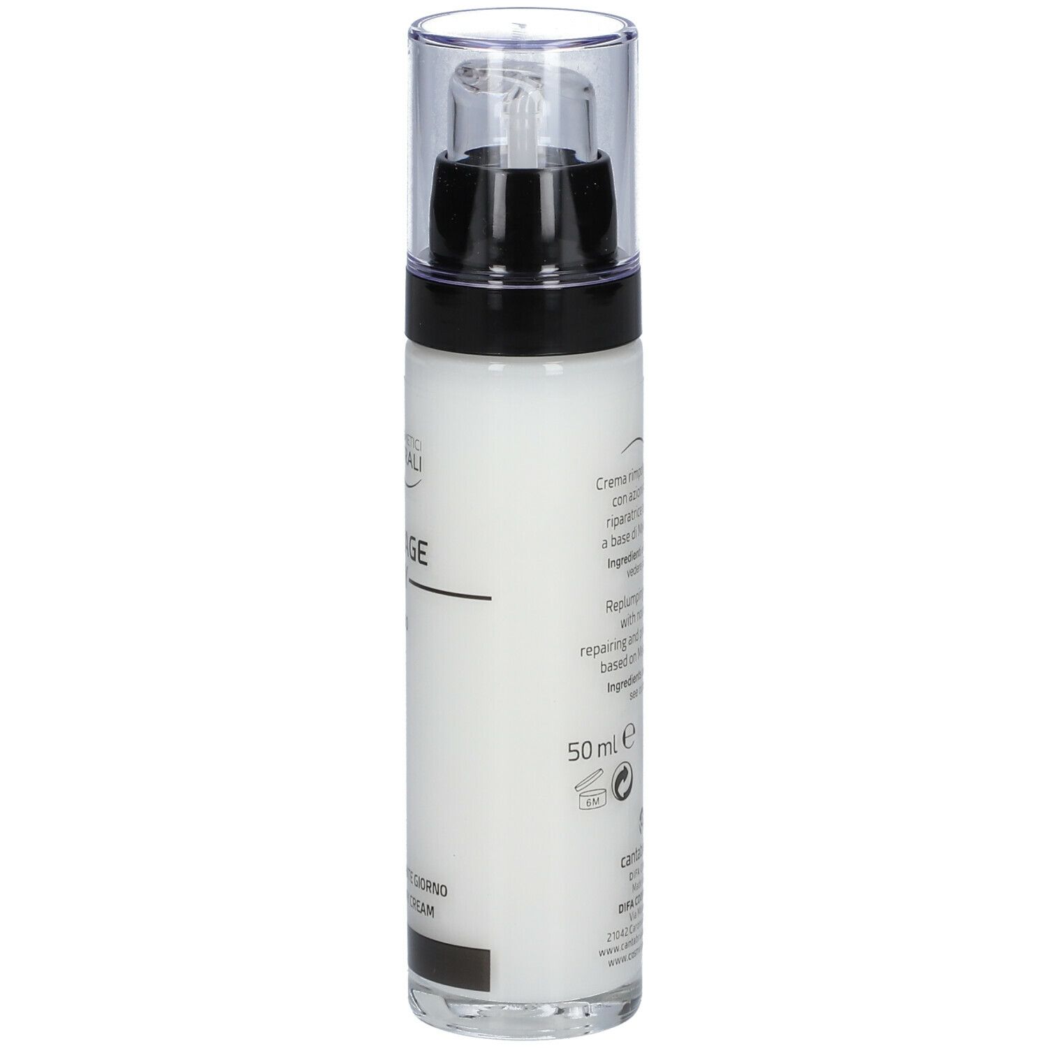 Flacone bianco con tappo nero. Scritta: Nutriage Day SPF 30. Crema giorno. Retro con testo.
