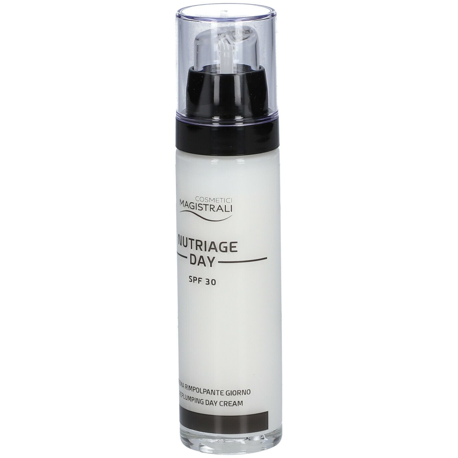 Flacone bianco con tappo nero. Scritta: Nutriage Day SPF 30. Crema giorno.